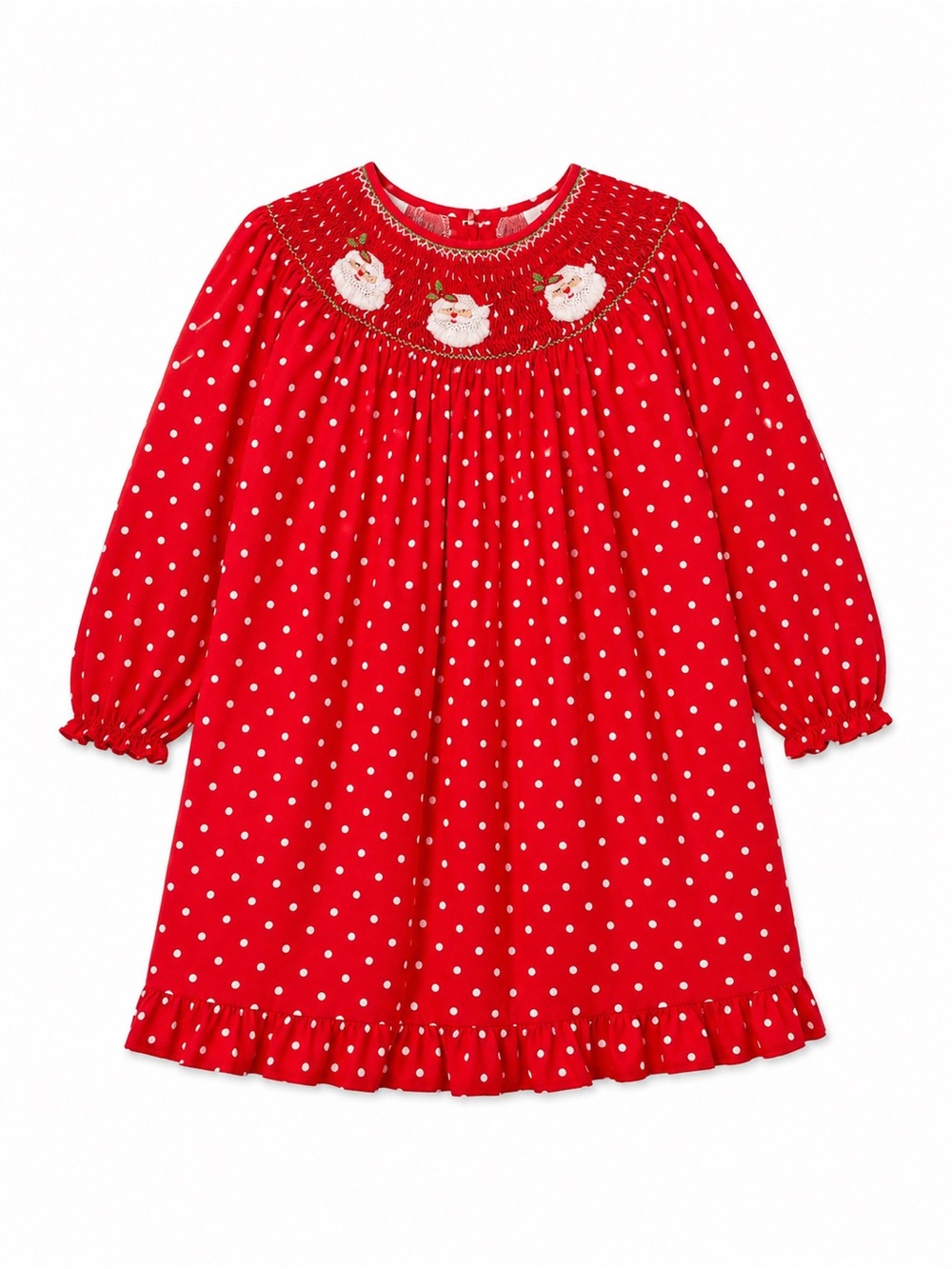 Mom & Me Vintage Style Smocked Yoke Collar Embroidered Santa Polka Dot Dress